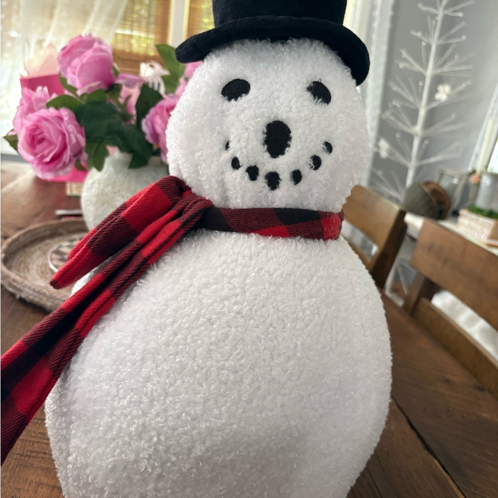Plush White Snowman Decor with Black Top Hat and Red Plaid Scarf